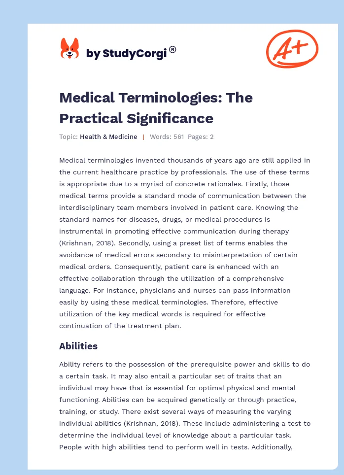 Medical Terminologies: The Practical Significance. Page 1