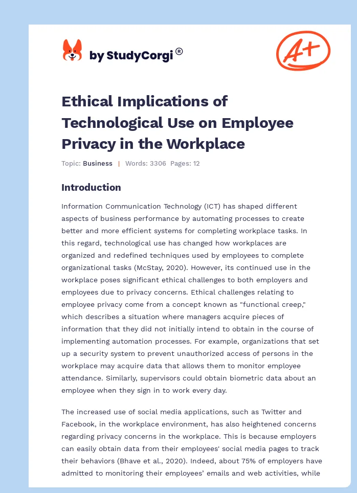 Ethical Implications of Technological Use on Employee Privacy in the Workplace. Page 1