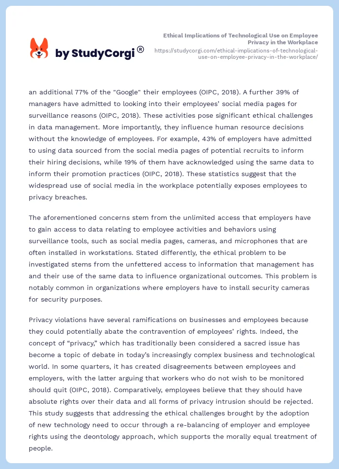 Ethical Implications of Technological Use on Employee Privacy in the Workplace. Page 2