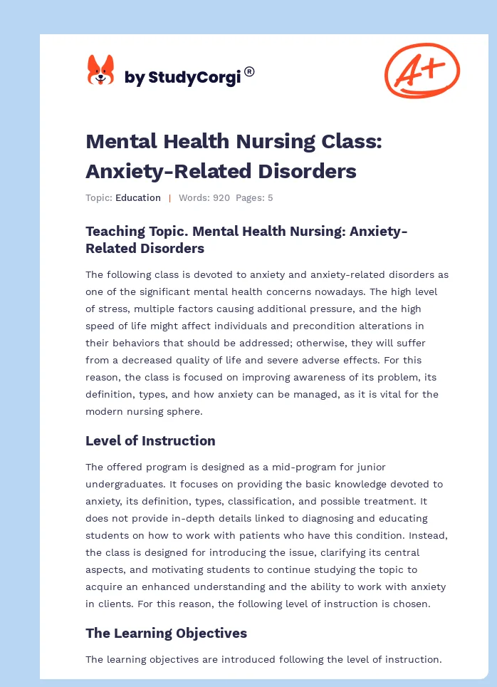 Mental Health Nursing Class: Anxiety-Related Disorders. Page 1