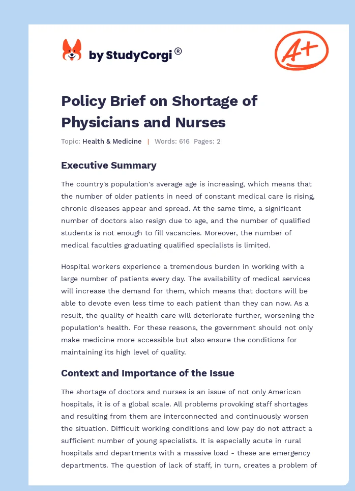 Policy Brief on Shortage of Physicians and Nurses. Page 1