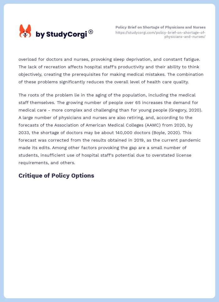 Policy Brief on Shortage of Physicians and Nurses. Page 2