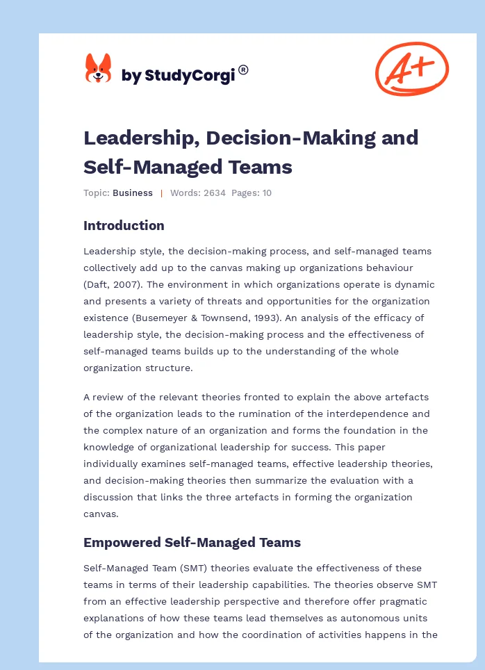 Leadership, Decision-Making and Self-Managed Teams. Page 1