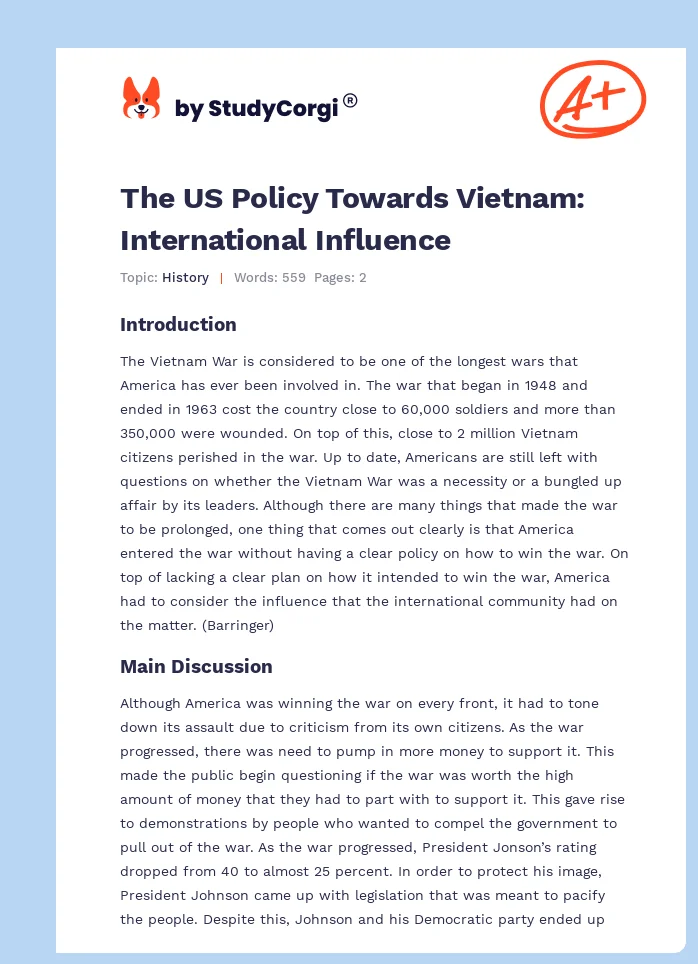 The US Policy Towards Vietnam: International Influence. Page 1