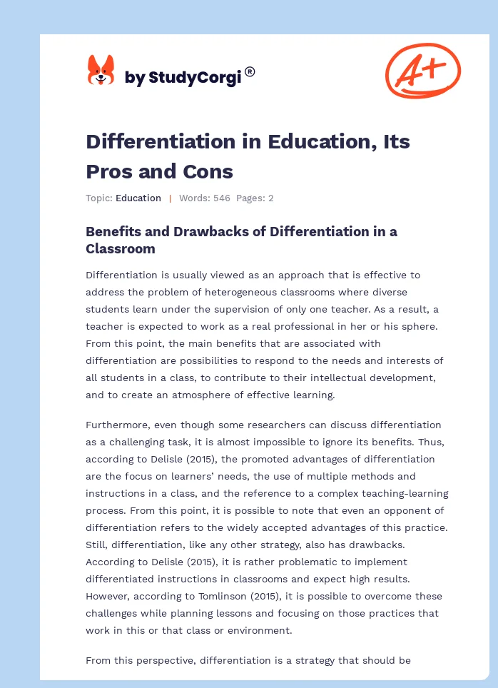 Differentiation in Education, Its Pros and Cons. Page 1