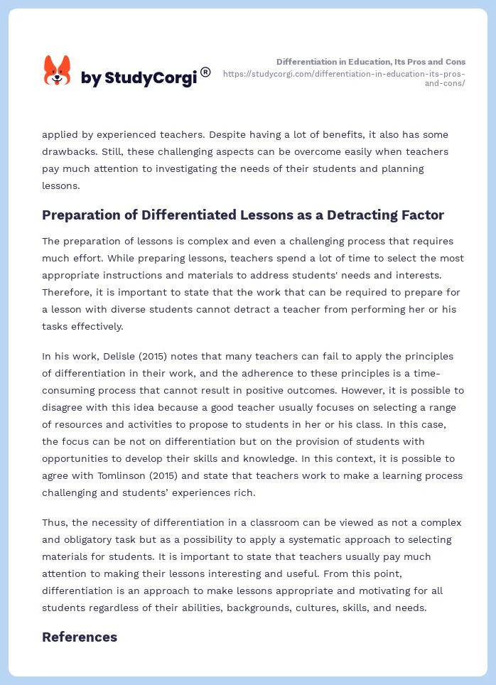 Differentiation in Education, Its Pros and Cons. Page 2