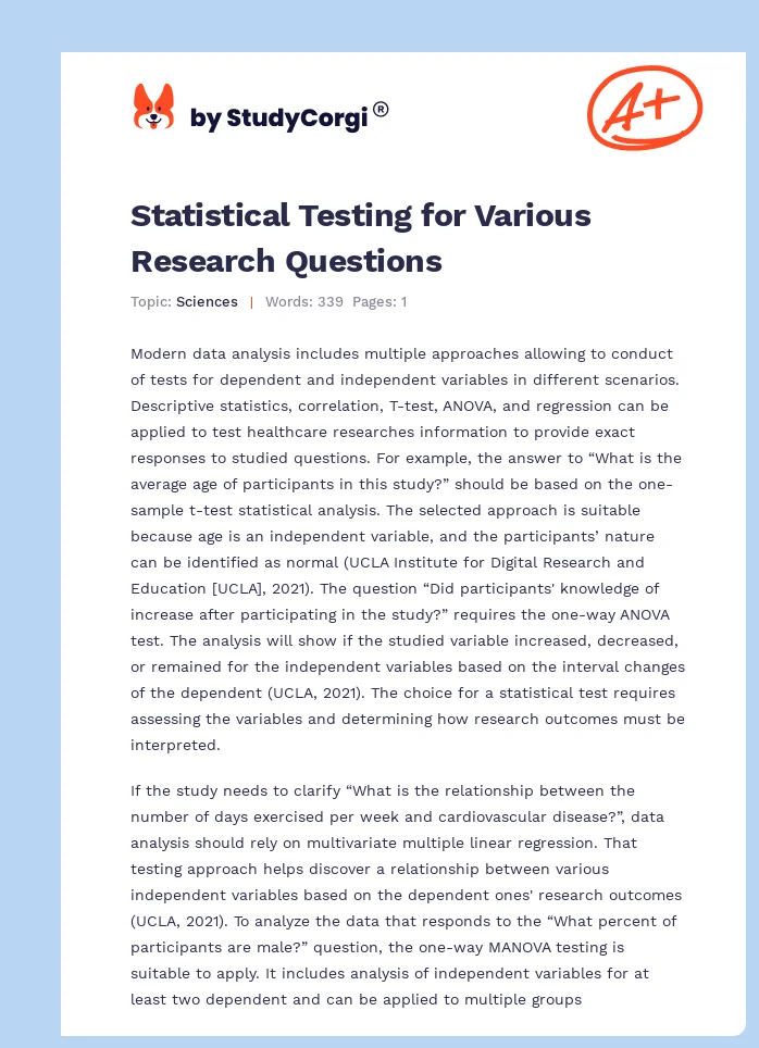 Statistical Testing for Various Research Questions. Page 1