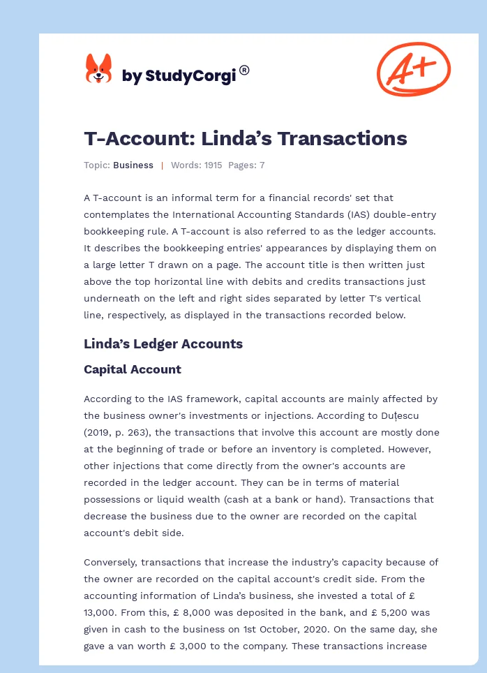 T-Account: Linda’s Transactions. Page 1