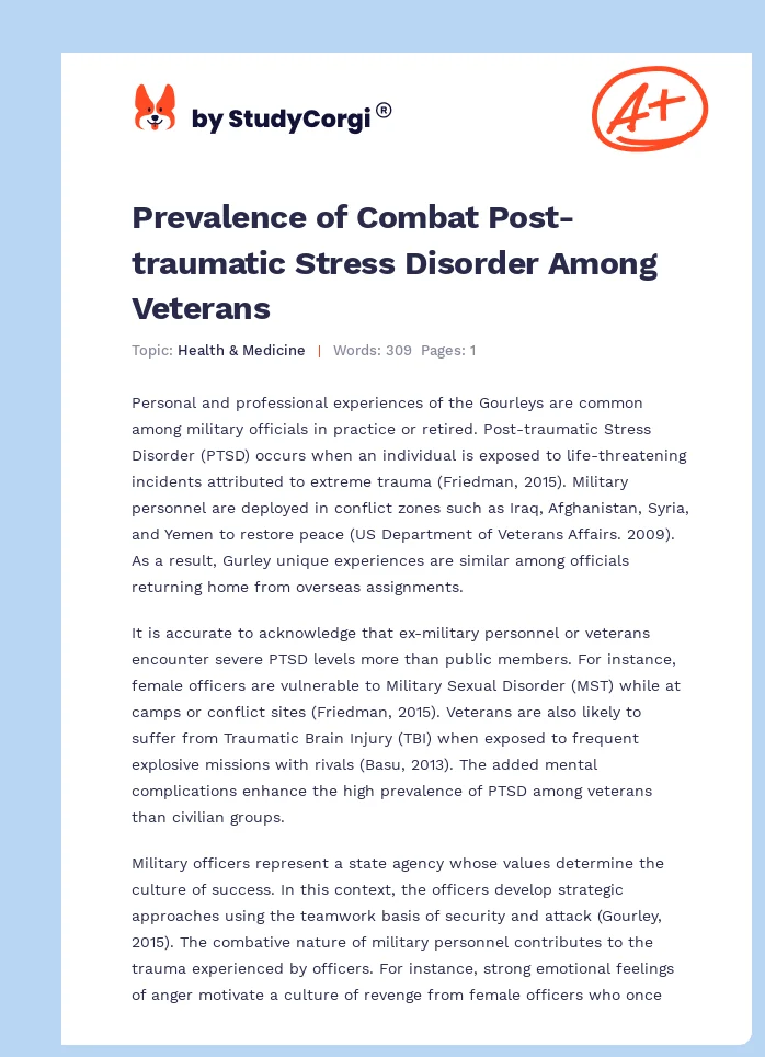 Prevalence of Combat Post-traumatic Stress Disorder Among Veterans. Page 1