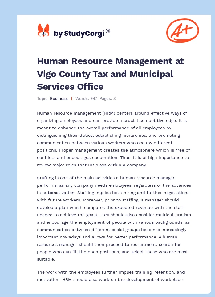 Human Resource Management at Vigo County Tax and Municipal Services Office. Page 1
