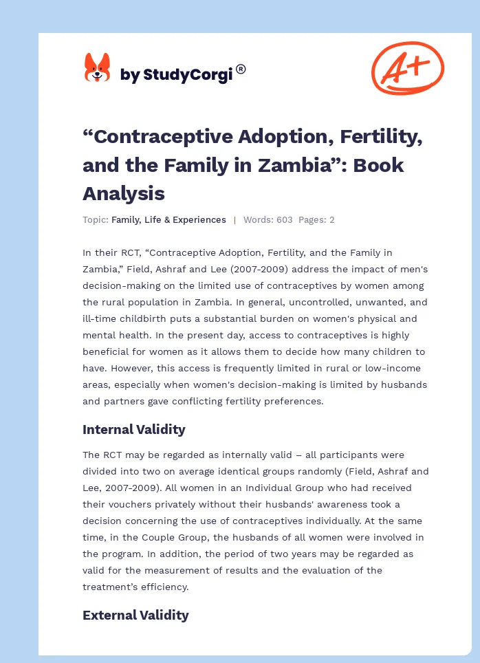 “Contraceptive Adoption, Fertility, and the Family in Zambia”: Book Analysis. Page 1
