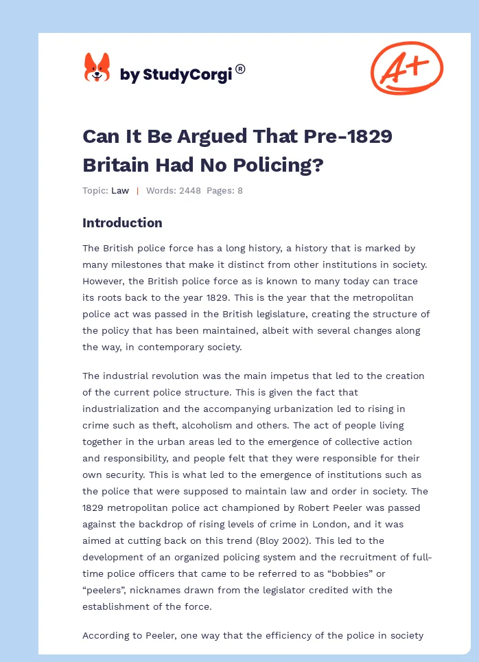Can It Be Argued That Pre-1829 Britain Had No Policing?. Page 1