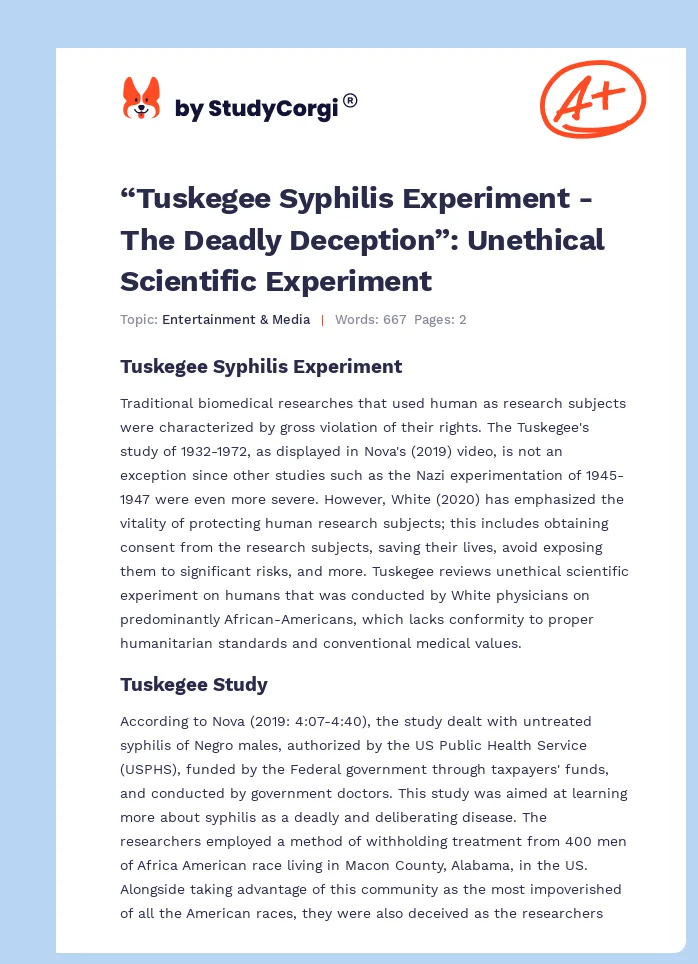 “Tuskegee Syphilis Experiment - The Deadly Deception”: Unethical Scientific Experiment. Page 1
