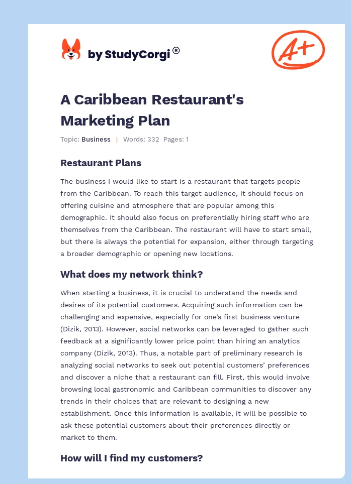 A Caribbean Restaurant's Marketing Plan. Page 1