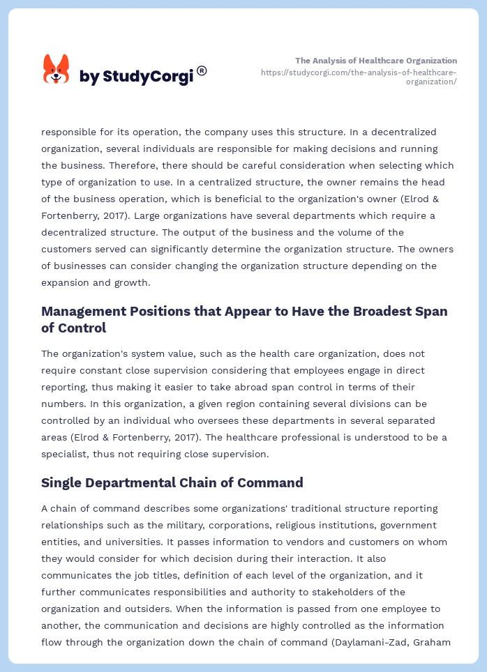 The Analysis of Healthcare Organization. Page 2