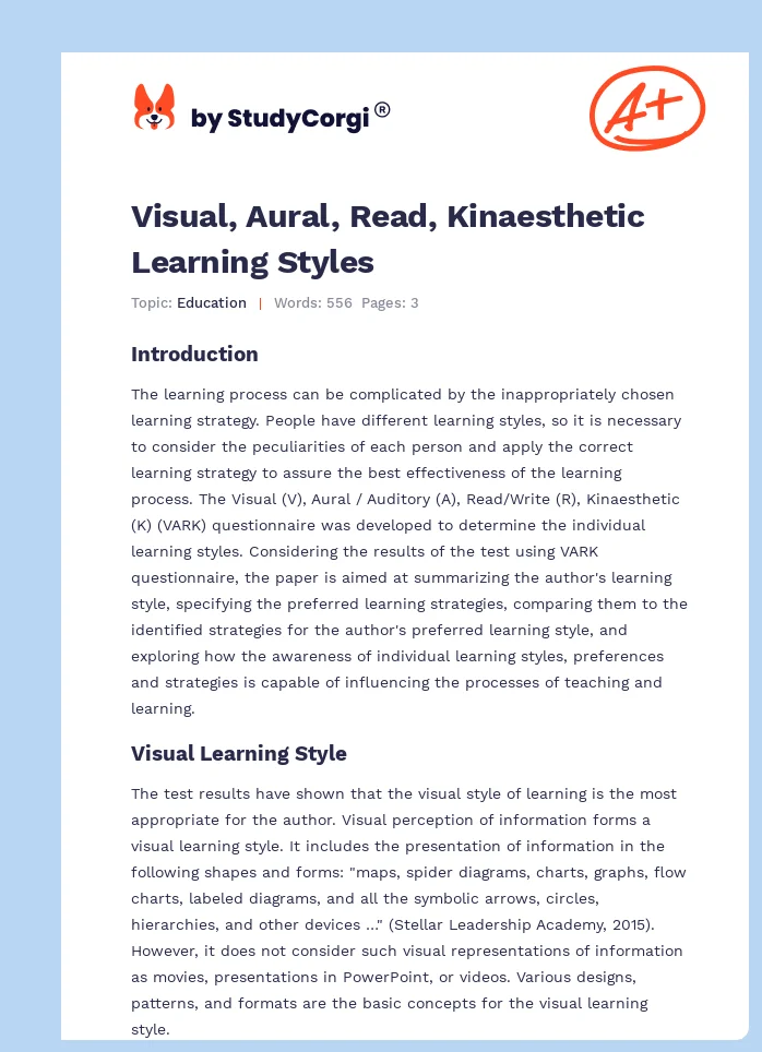 Visual, Aural, Read, Kinaesthetic Learning Styles. Page 1