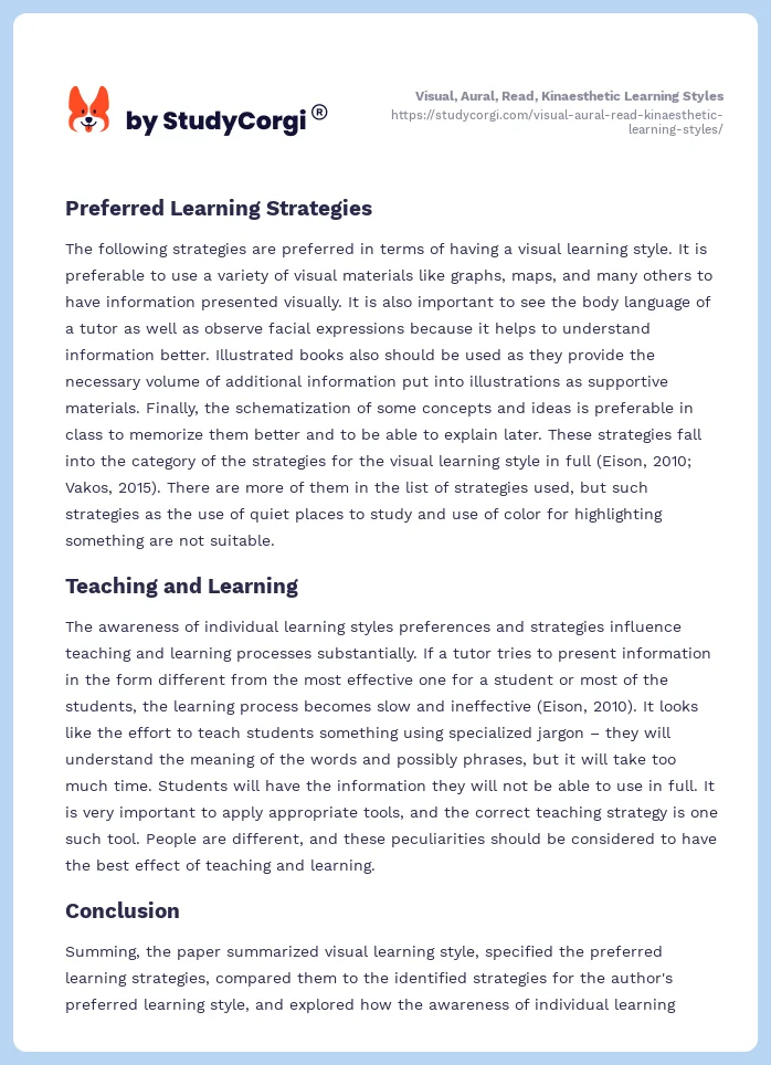 Visual, Aural, Read, Kinaesthetic Learning Styles. Page 2