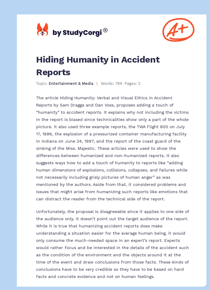 Hiding Humanity in Accident Reports. Page 1