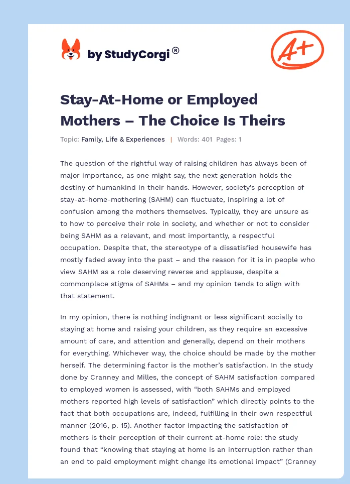 Stay-At-Home or Employed Mothers – The Choice Is Theirs. Page 1