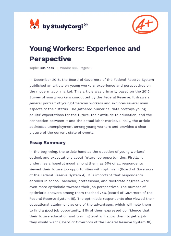 Young Workers: Experience and Perspective. Page 1
