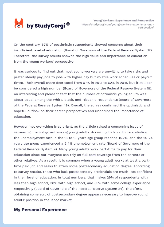 Young Workers: Experience and Perspective. Page 2