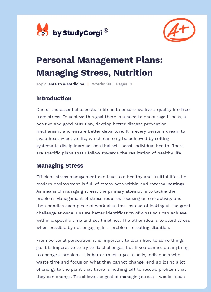Personal Management Plans: Managing Stress, Nutrition. Page 1