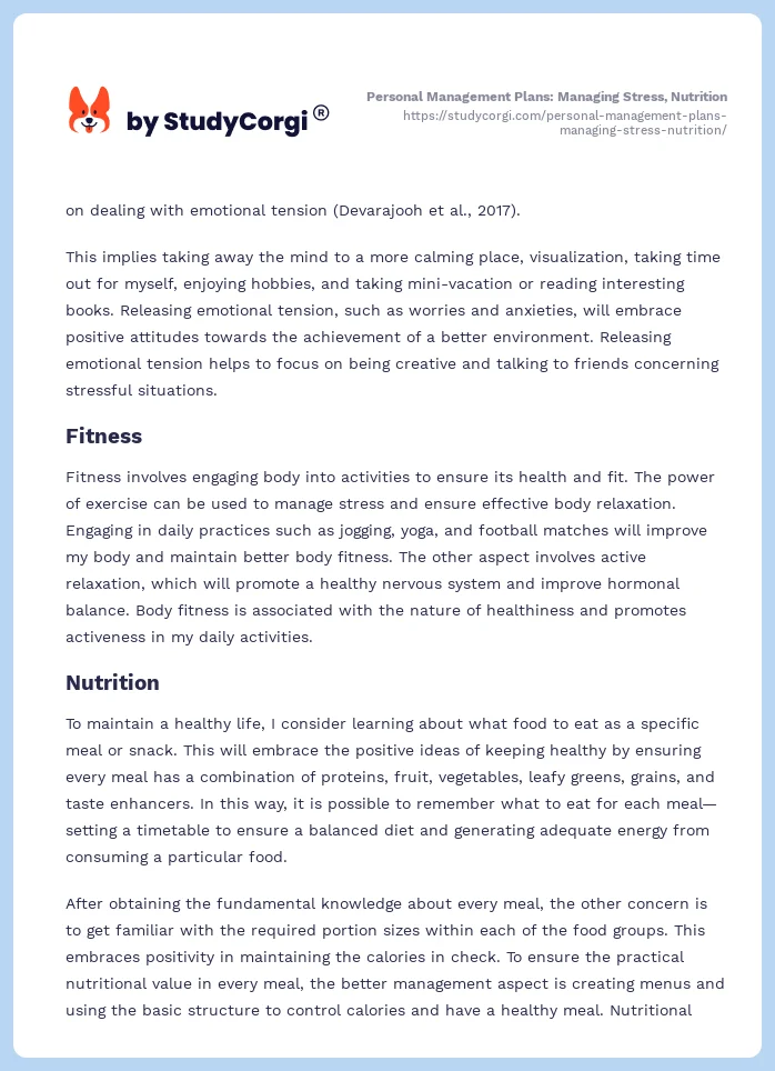 Personal Management Plans: Managing Stress, Nutrition. Page 2