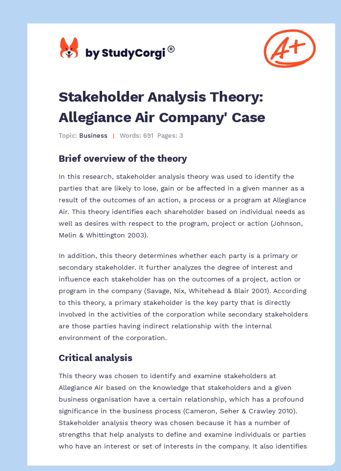 Stakeholder Analysis Theory: Allegiance Air Company' Case. Page 1