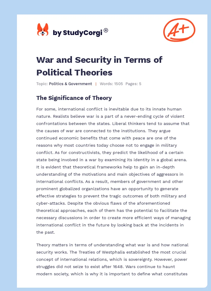 War and Security in Terms of Political Theories. Page 1