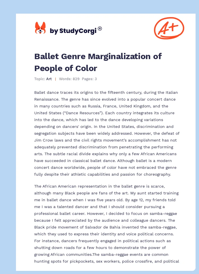 Ballet Genre Marginalization of People of Color. Page 1