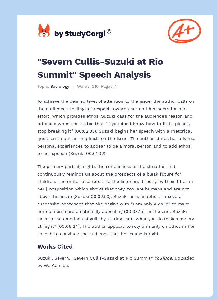 "Severn Cullis-Suzuki at Rio Summit" Speech Analysis. Page 1
