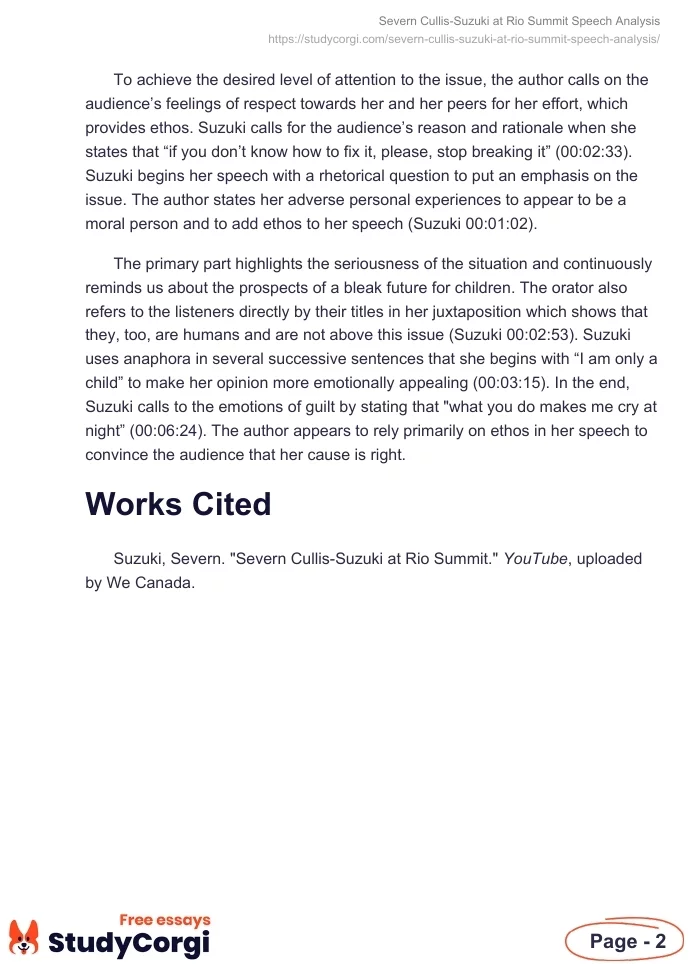 "Severn Cullis-Suzuki at Rio Summit" Speech Analysis. Page 2