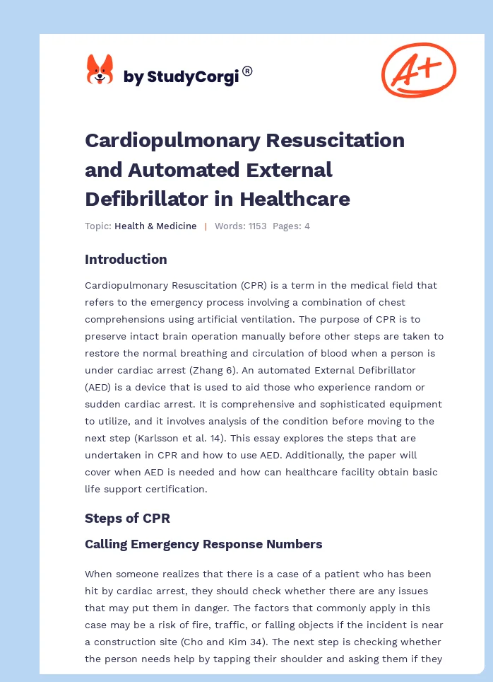 Cardiopulmonary Resuscitation and Automated External Defibrillator in Healthcare. Page 1