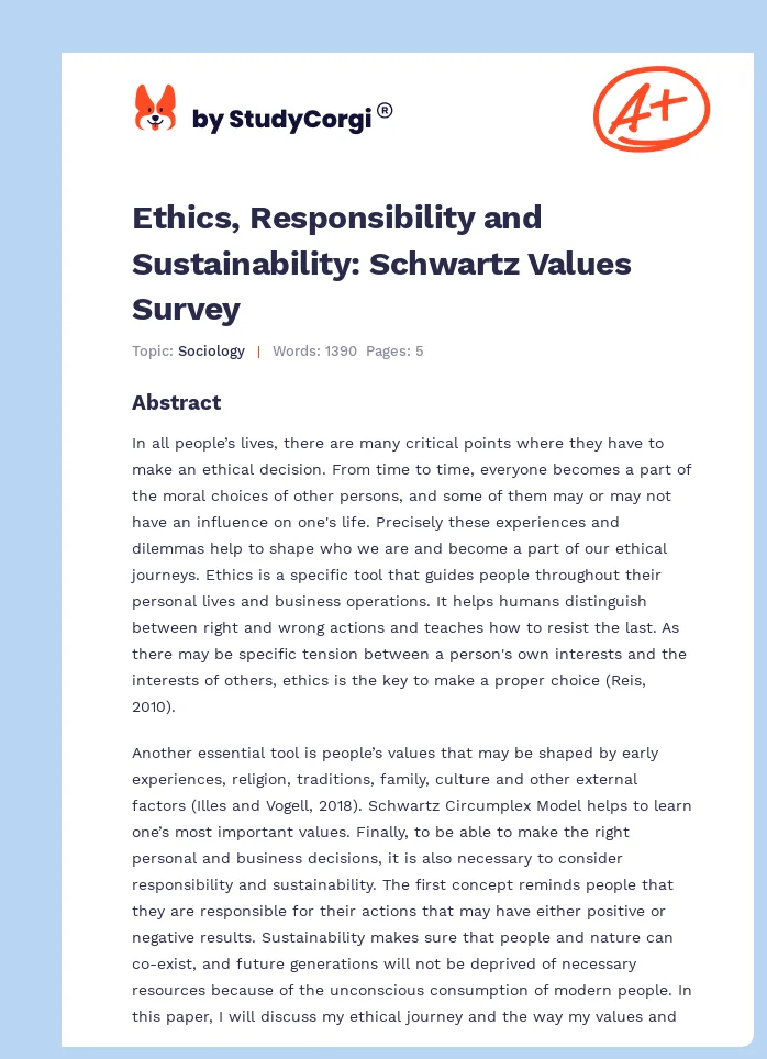 Ethics, Responsibility and Sustainability: Schwartz Values Survey. Page 1