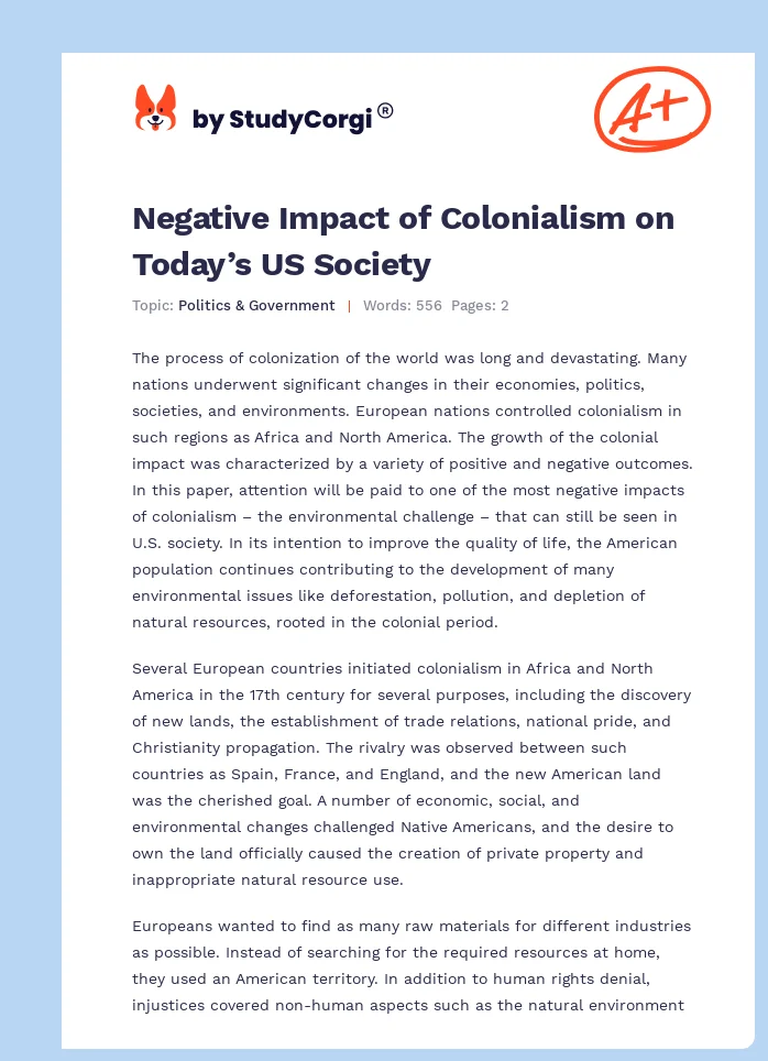 Negative Impact of Colonialism on Today’s US Society. Page 1