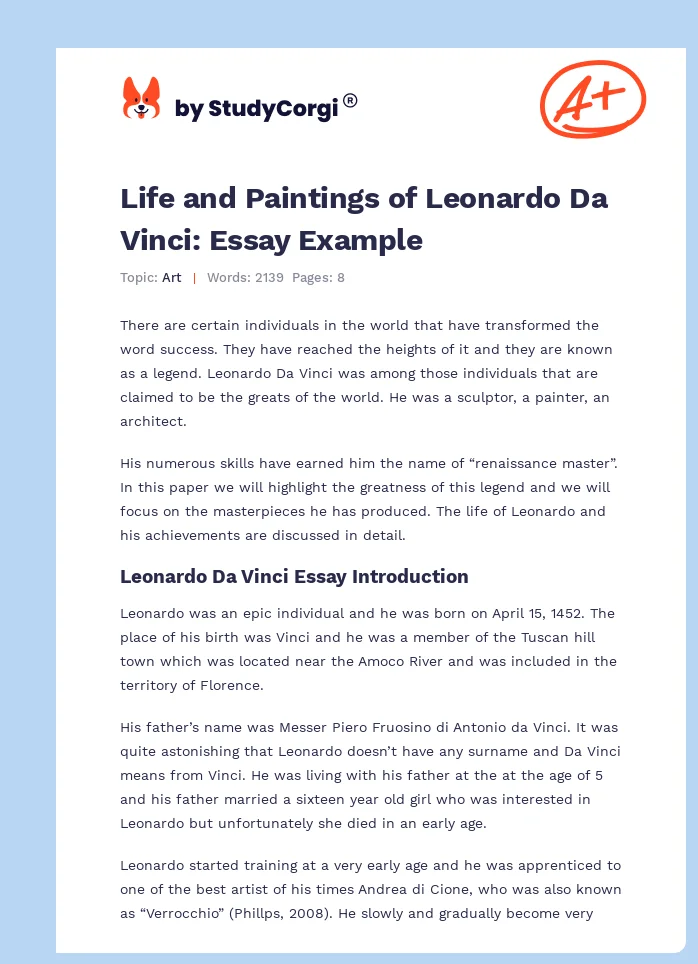 Life and Paintings of Leonardo Da Vinci: Essay Example. Page 1