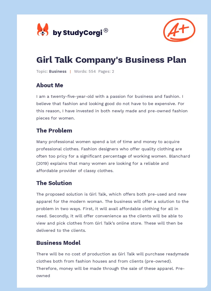Girl Talk Company's Business Plan. Page 1