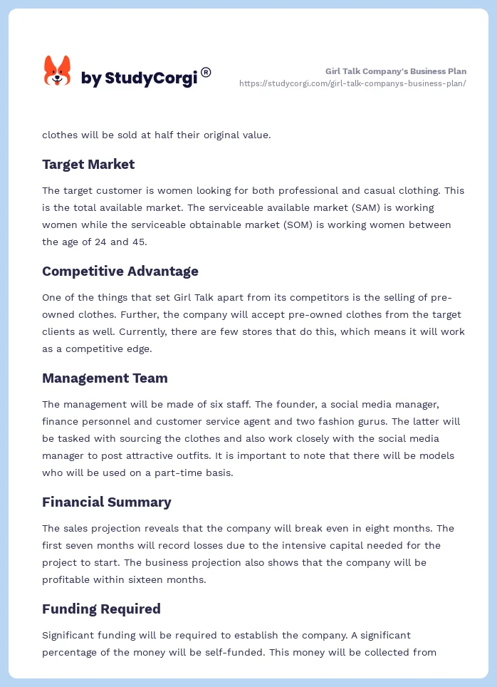 Girl Talk Company's Business Plan. Page 2