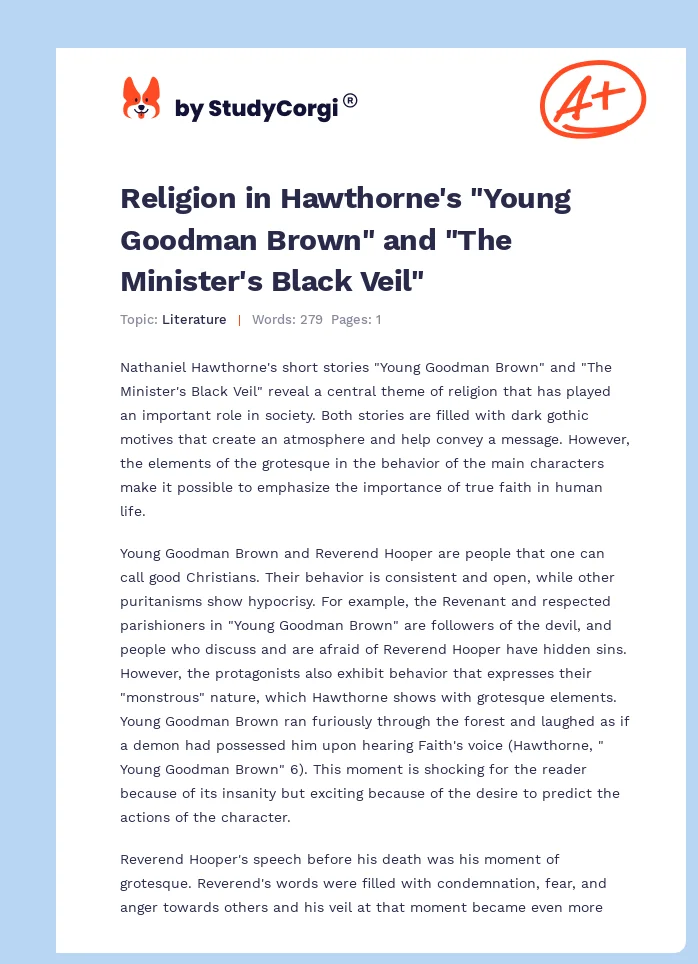 Religion in Hawthorne's "Young Goodman Brown" and "The Minister's Black Veil". Page 1