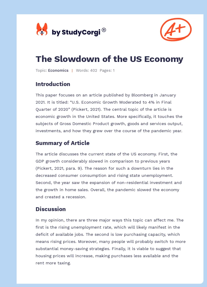 The Slowdown of the US Economy. Page 1