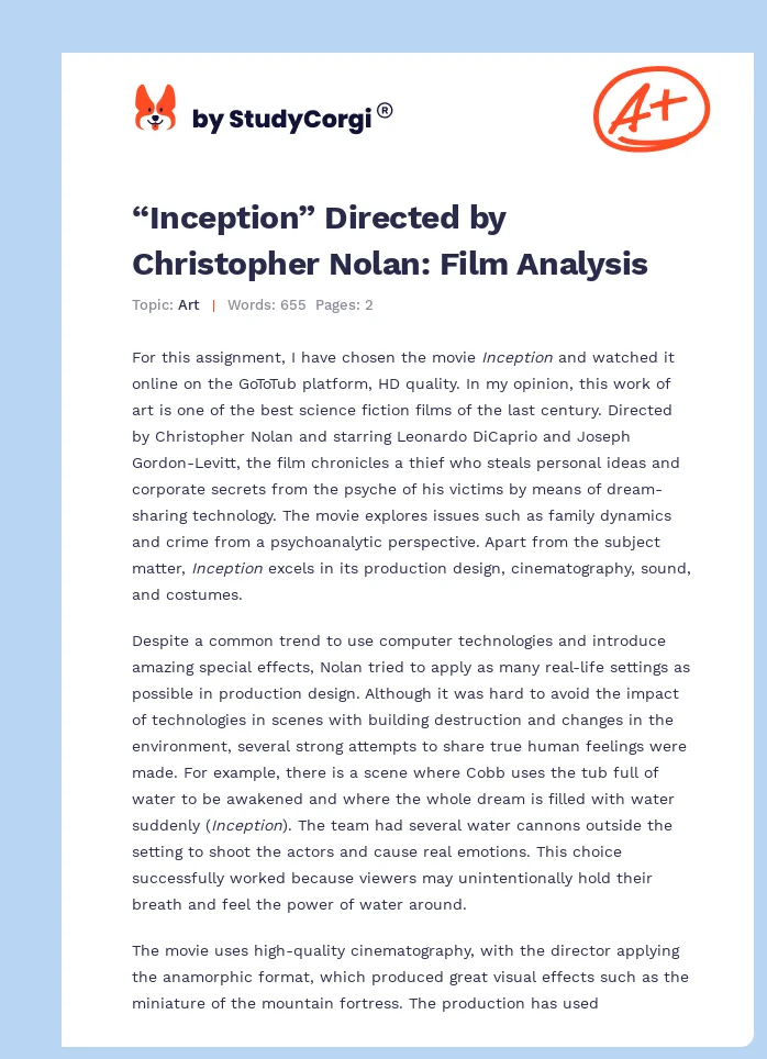 “Inception” Directed by Christopher Nolan: Film Analysis. Page 1