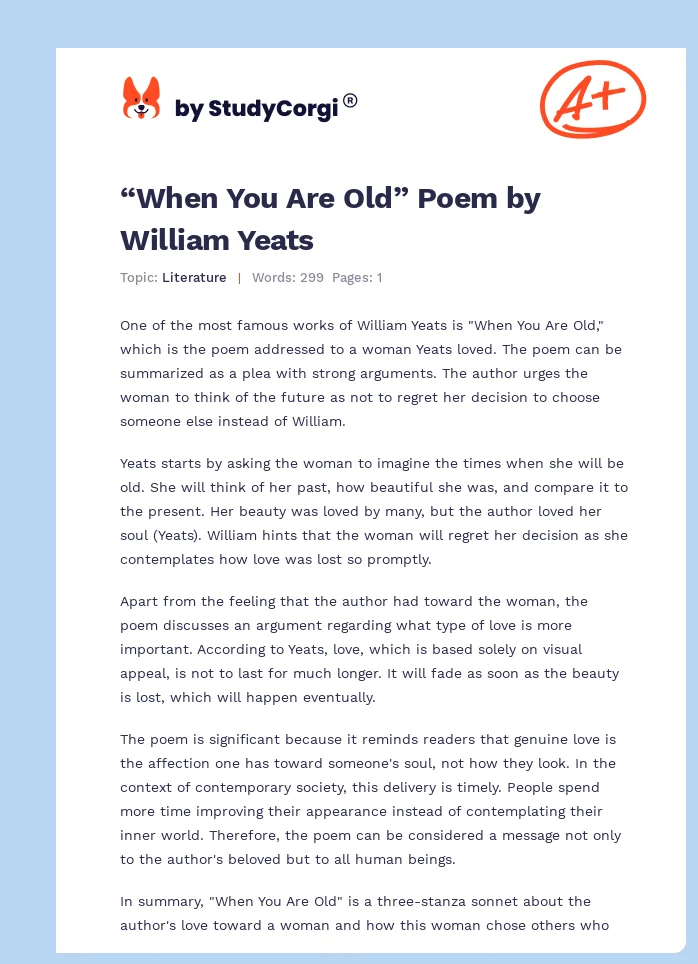 “When You Are Old” Poem by William Yeats. Page 1
