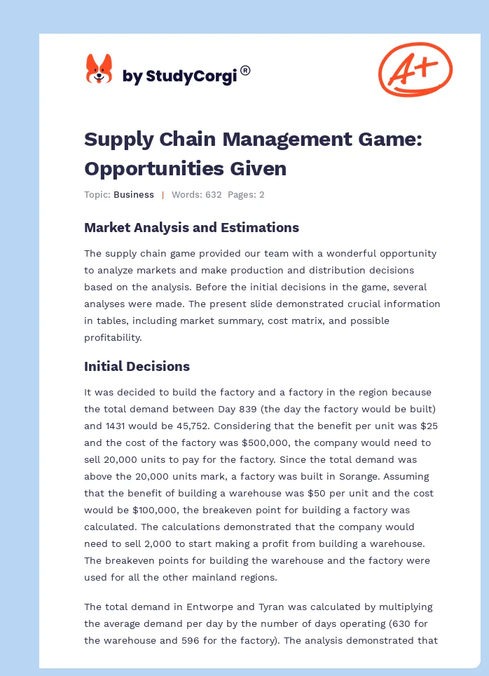 Supply Chain Management Game: Opportunities Given. Page 1
