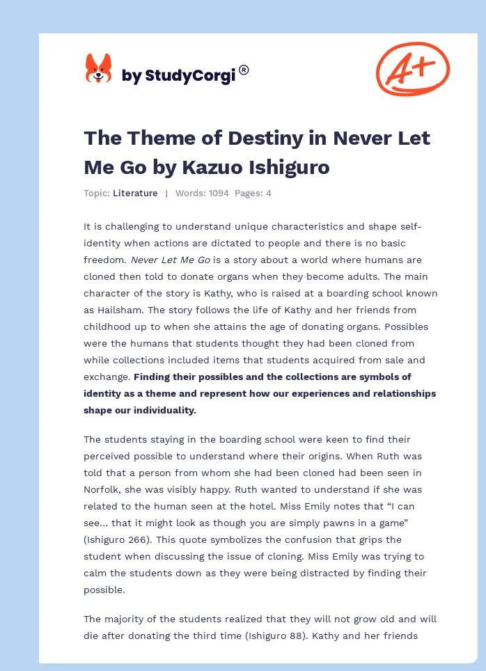 The Theme of Destiny in Never Let Me Go by Kazuo Ishiguro. Page 1