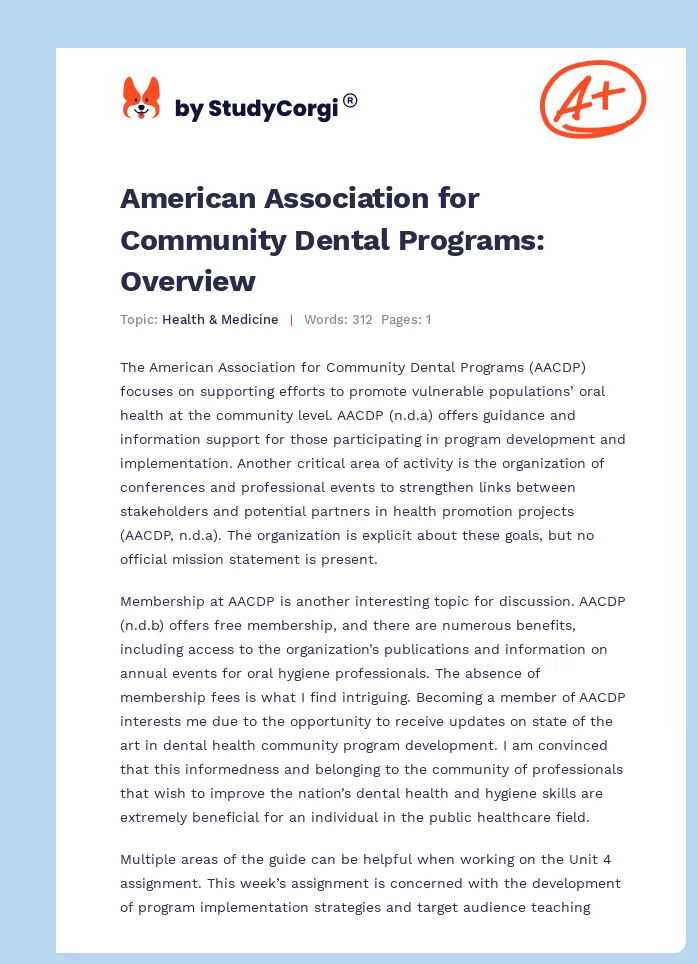 American Association for Community Dental Programs: Overview. Page 1
