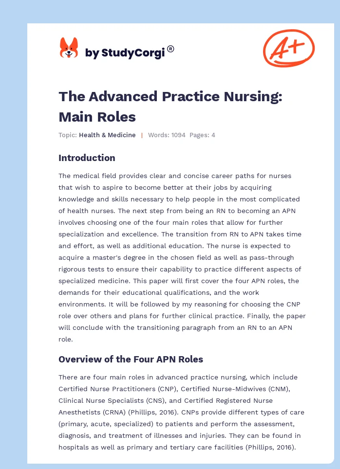 The Advanced Practice Nursing: Main Roles. Page 1