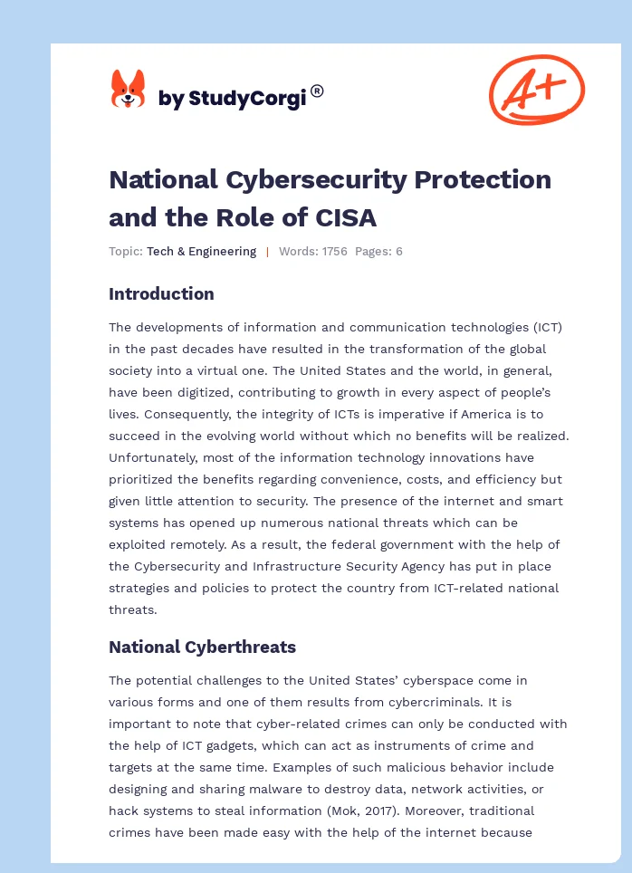 National Cybersecurity Protection and the Role of CISA. Page 1