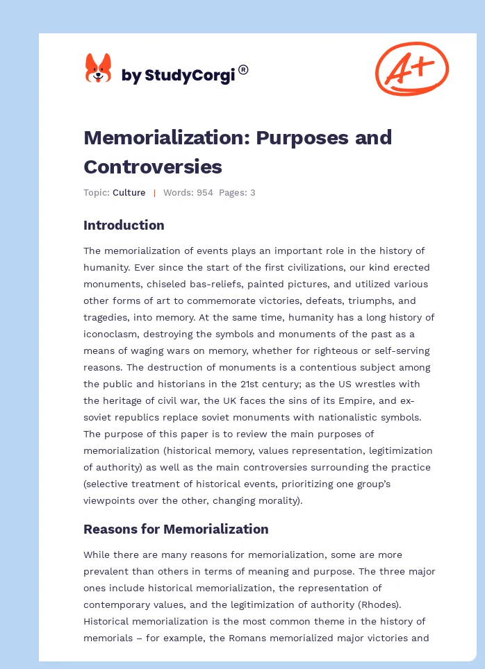 Memorialization: Purposes and Controversies. Page 1