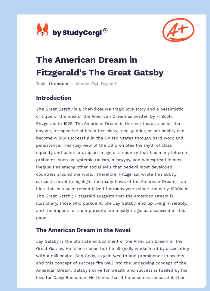 The American Dream in Fitzgerald's The Great Gatsby. Page 1
