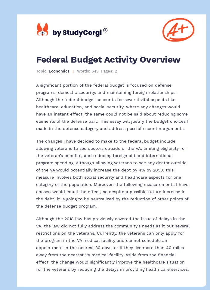 Federal Budget Activity Overview. Page 1